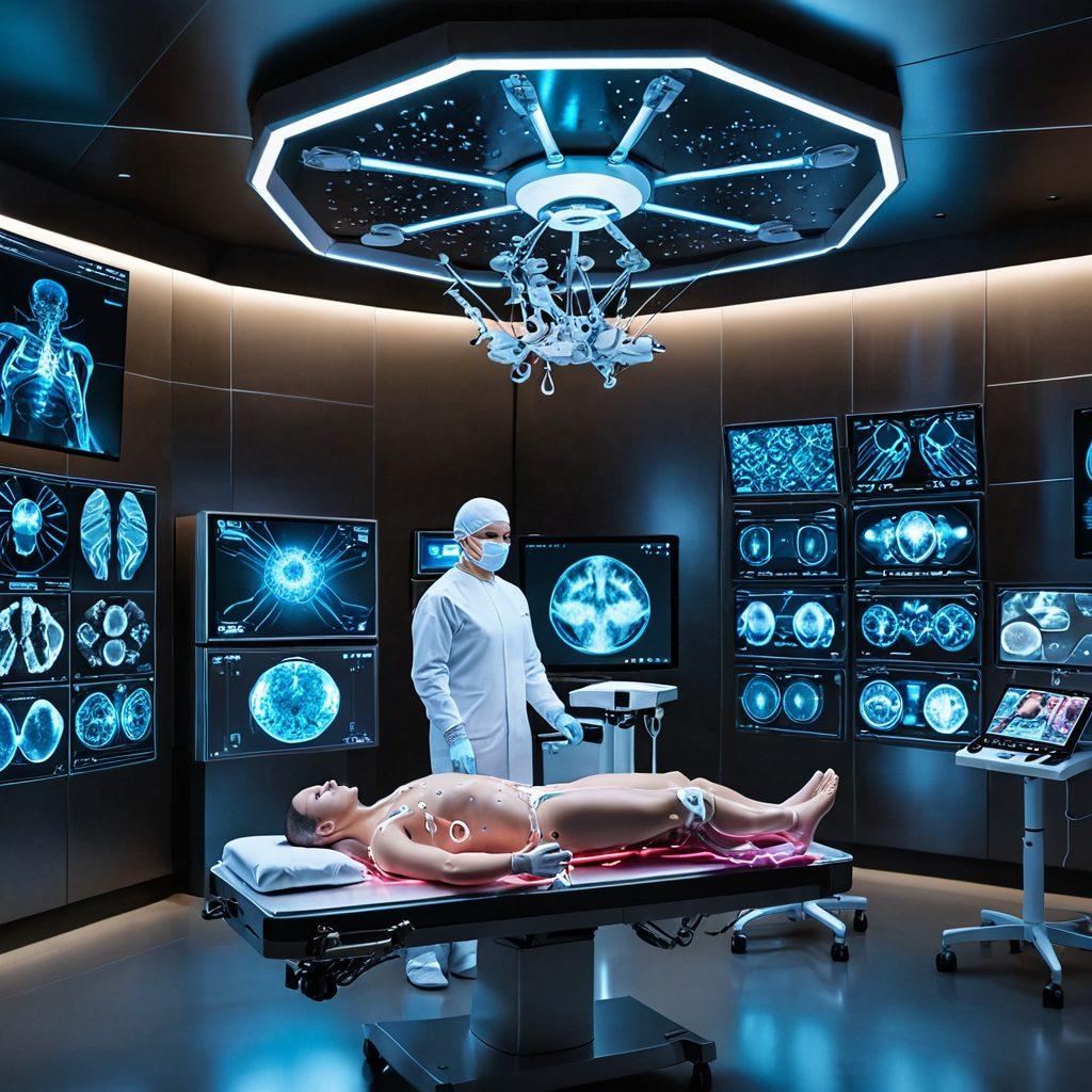 A futuristic operating room showcasing advanced medical technology with a holographic interface displaying personalized treatment plans. In the foreground, a surgeon focused on a robotic surgical system performing a tumor excision. Surround the scene with visual representations of innovation like DNA strands and molecular models, highlighting the future of cancer interventions. sleek and modern aesthetics. vibrant colors. super-realistic.