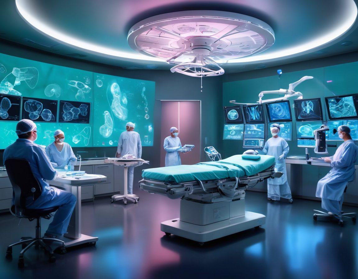 A futuristic operating room showcasing innovative surgical technology, with a diverse team of surgeons collaborating during a cancer surgery. The equipment is sleek and high-tech, displaying holographic interfaces and robotic arms. Incorporate vibrant colors to emphasize advanced technology and a hopeful atmosphere. The background includes subtle hints of oncology symbols like DNA strands and ribbon motifs. super-realistic. vibrant colors.