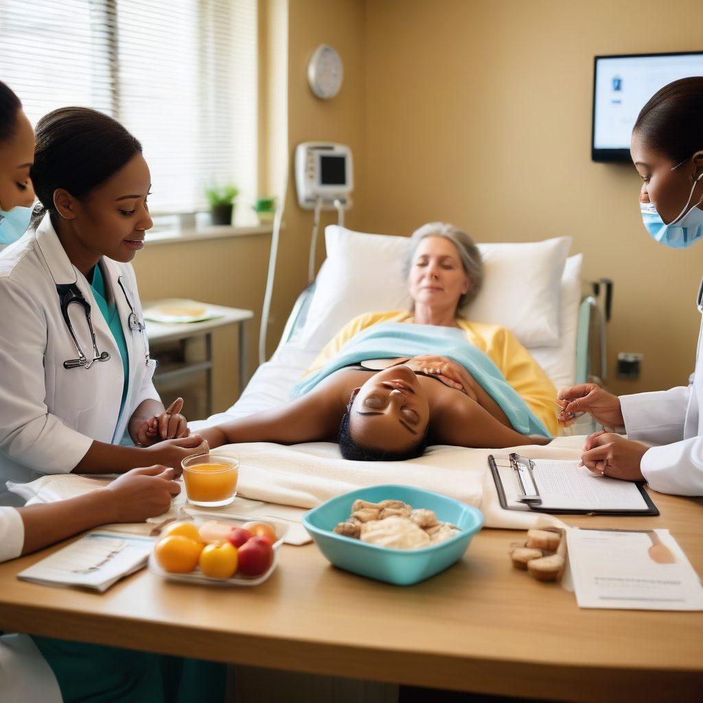A compassionate healthcare team surrounding a recovering patient in a cozy hospital room, emphasizing emotional support and advanced surgical technology. Display visual elements of patient education materials, healthy recovery snacks, and a soothing atmosphere with soft lighting. Include diverse healthcare professionals engaged in conversation with the patient and family, illustrating teamwork and empathy. warm colors. super-realistic. soft background.